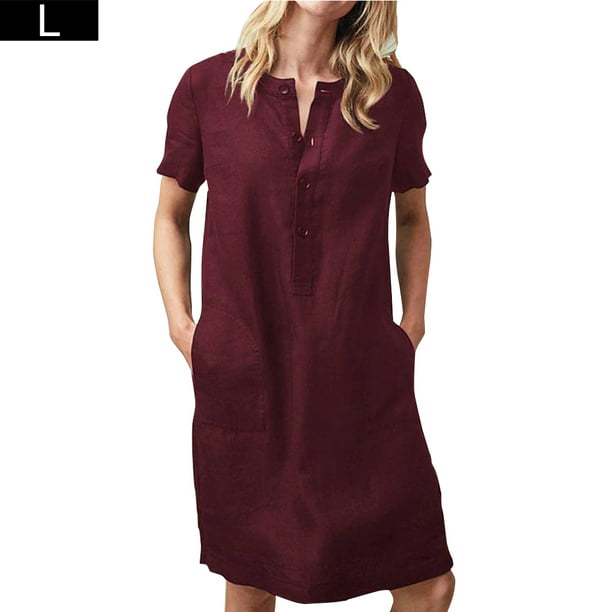 NEEKEY Dress for Women Loose Wave Point Round Neck Casual Cotton Linen Five-Point Sleeve Dress 